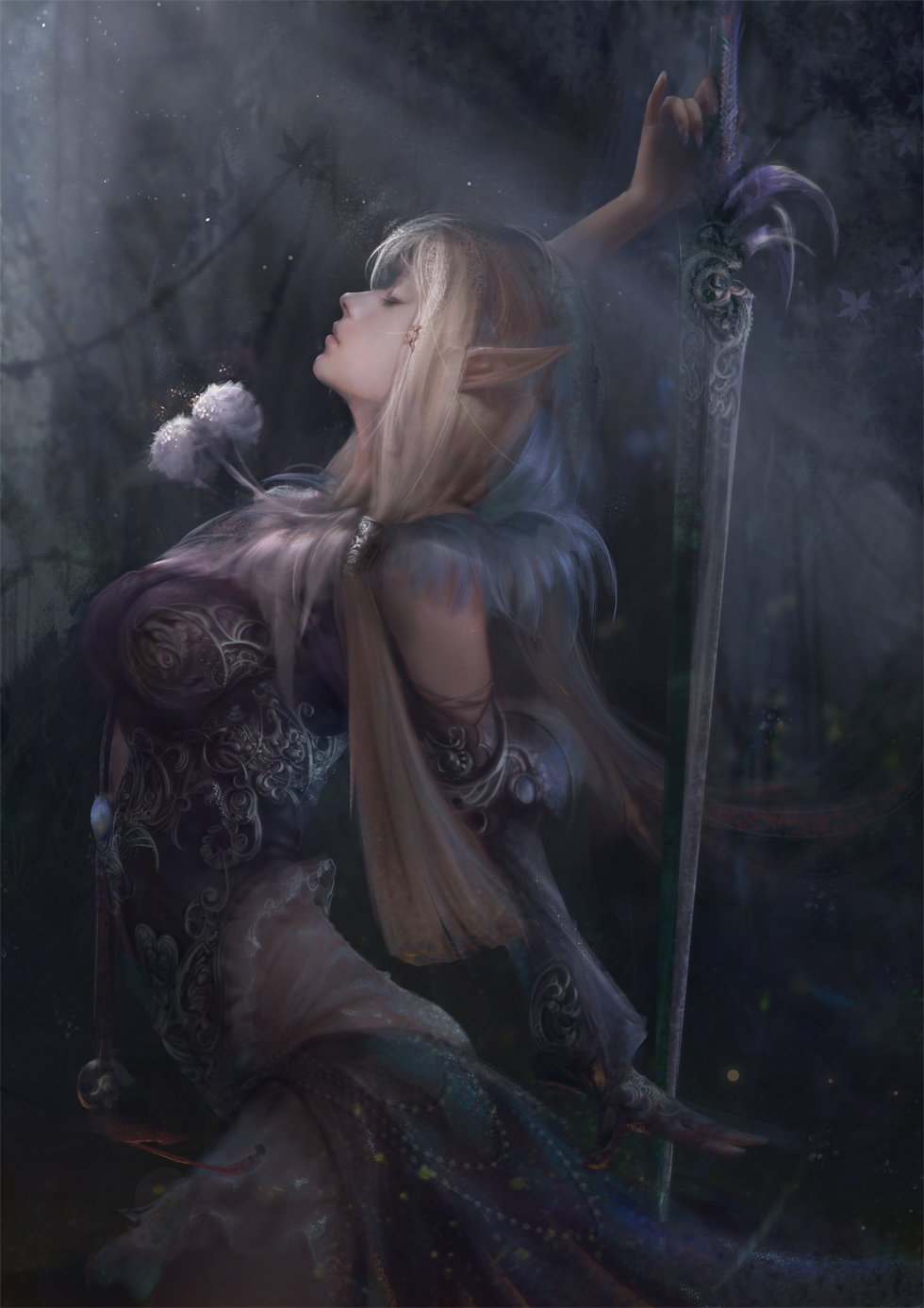 Фото Светловолосая девушка - эльфийка с мечом, art by yueyuecg