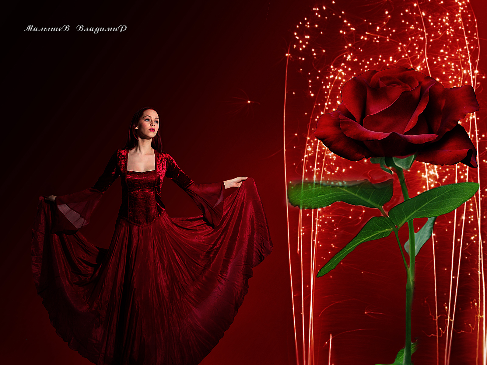 Фото На красно-бордовом фоне, девушка в красном платье смотрит на красную розу, за которой свети фейерверк