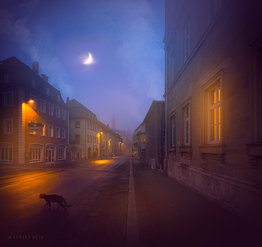 Фото Бездомный кот, проходящий через городскую улицу с уличным освещением домов на рассвете, на фоне утреннего небосклона с ярко светящимся месяцем, легкой туманной дымкой в конце улицы, автор Сергей Betz