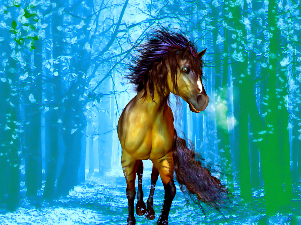 Фото Лошадь с развевающимися гривой и хвостом скачет по лесной дороге в лесу с голубой дымкой