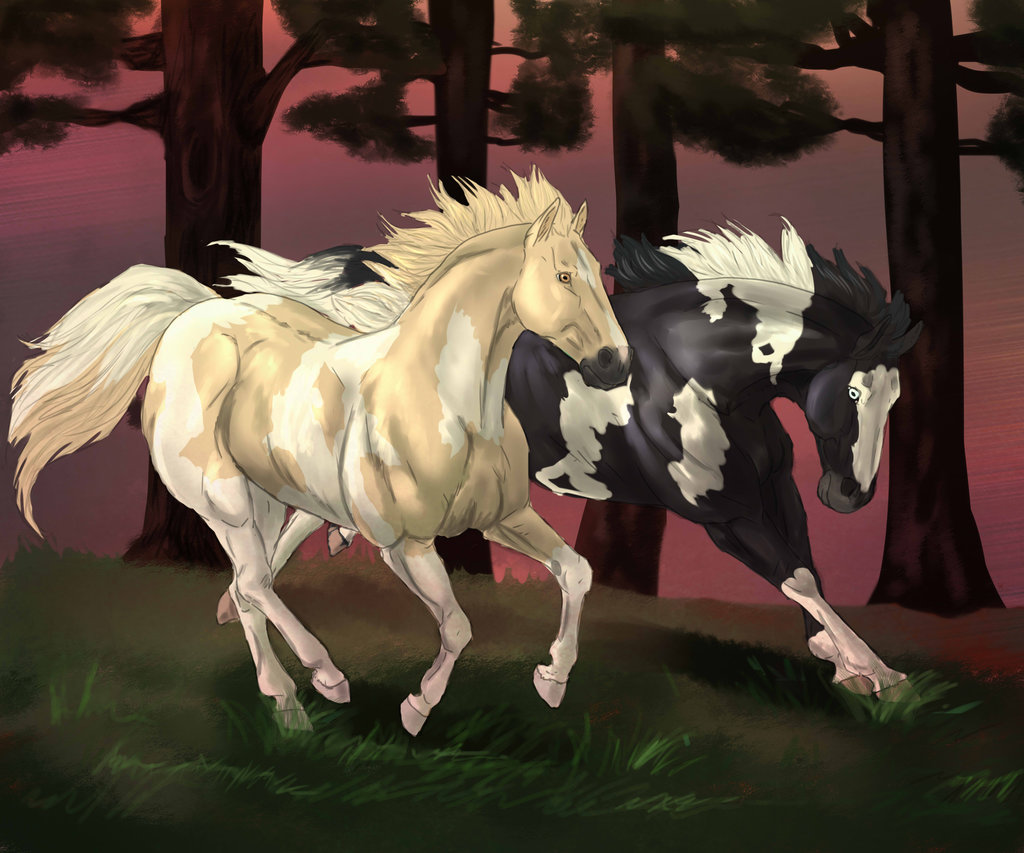 Фото Белая и черная в пятнах лошади скачут по лесу
