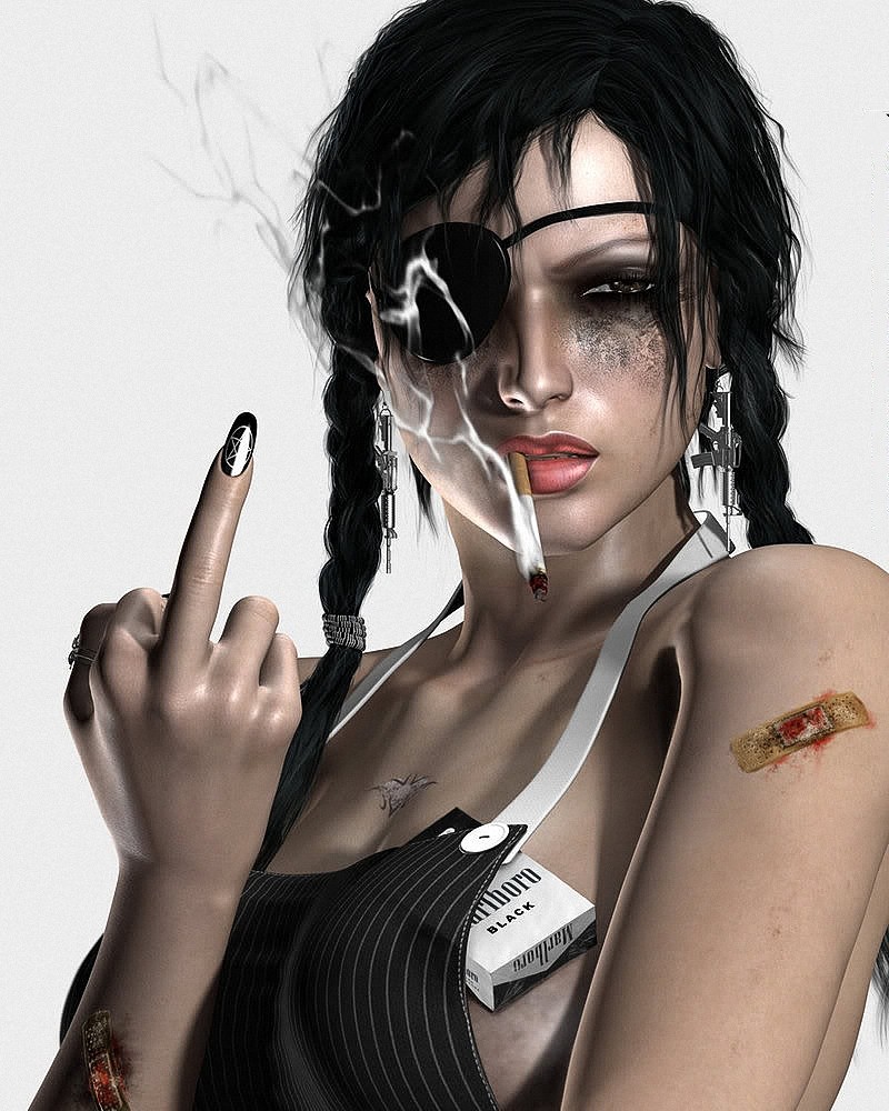 Фото Девушка хулиганка, с повязкой на глазу. с медицинским пластырем на предплечье и руке, с пачкой сигарет Marlboro, засунутой за обшлаг комбинезона, с дымящейся сигаретой во рту, подняла руку и показывает средний палец