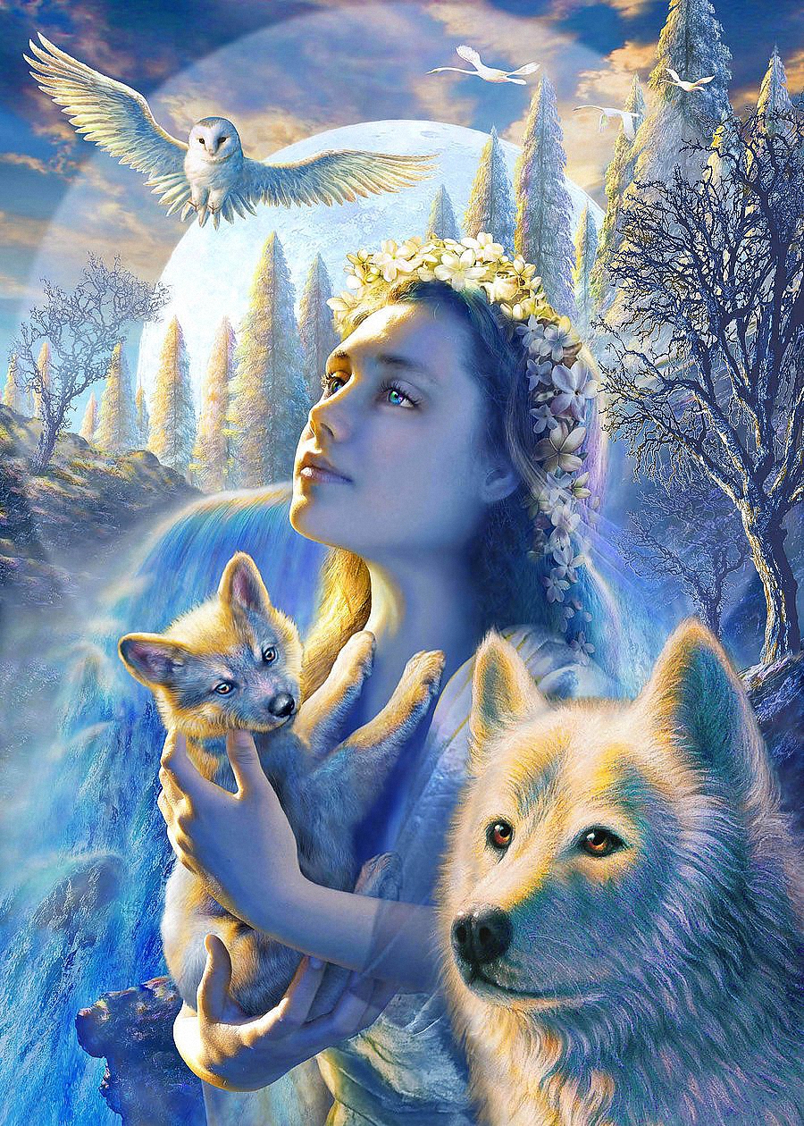 Фото Девушка с веночком из цветов на голове держит на руках волчонка, рядом стоит волк и в небе летают совы, художник John Pitre
