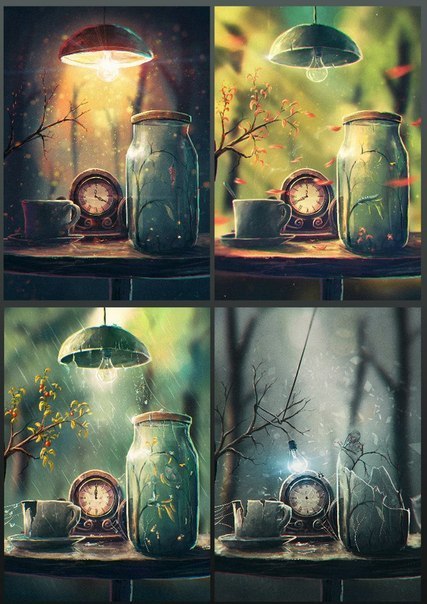 Фото Банка, часы, чашка и лампа в разные времена года