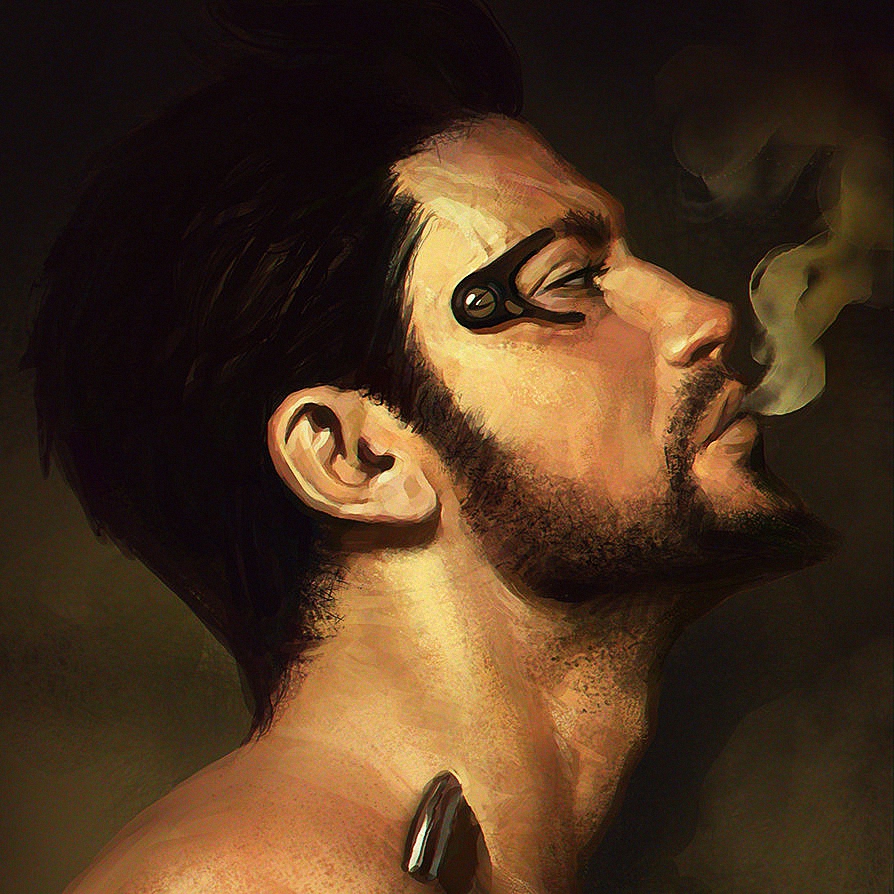 Фото Adam Jensen / Адам Дженсен - персонаж компьютерной игры Революция Человечества / Deus Ex: Human Revolution / выпускает дым со рта