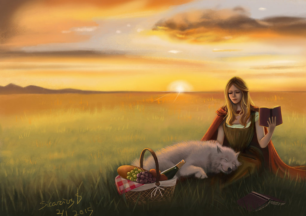 Фото Белый волк и девушка в красном плаще на пикнике на фоне заходящего солнца