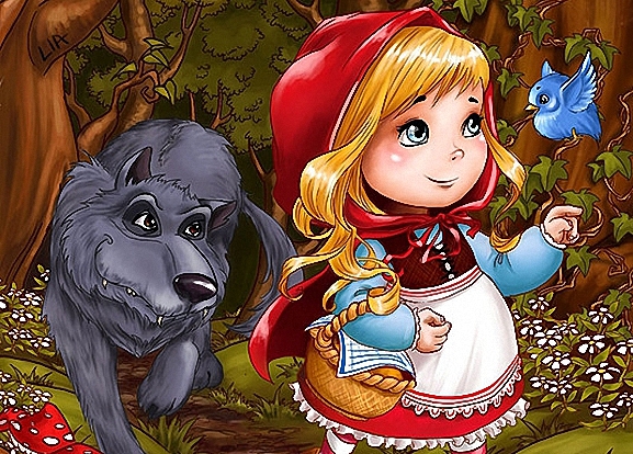 Фото Красная Шапочка идет в сопровождении Серого Волк по лесу, с корзинкой пирожков для бабушки, к ней подлетела синяя птичка