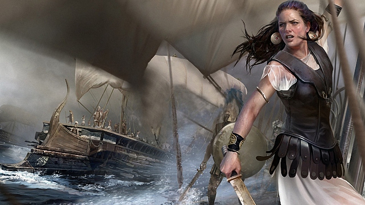 Фото Девушка пират с саблей в руке стоит на своем корабле, ее преследует другой корабль