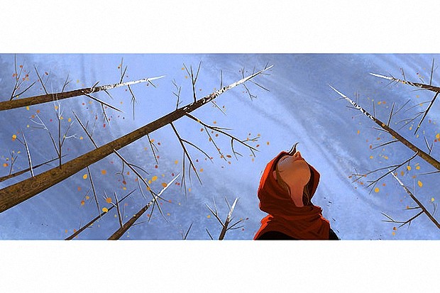 Фото Девушка стоит среди деревьев и подняв голову в капюшоне, смотрит на небо, иллюстратор Erwin Madrid