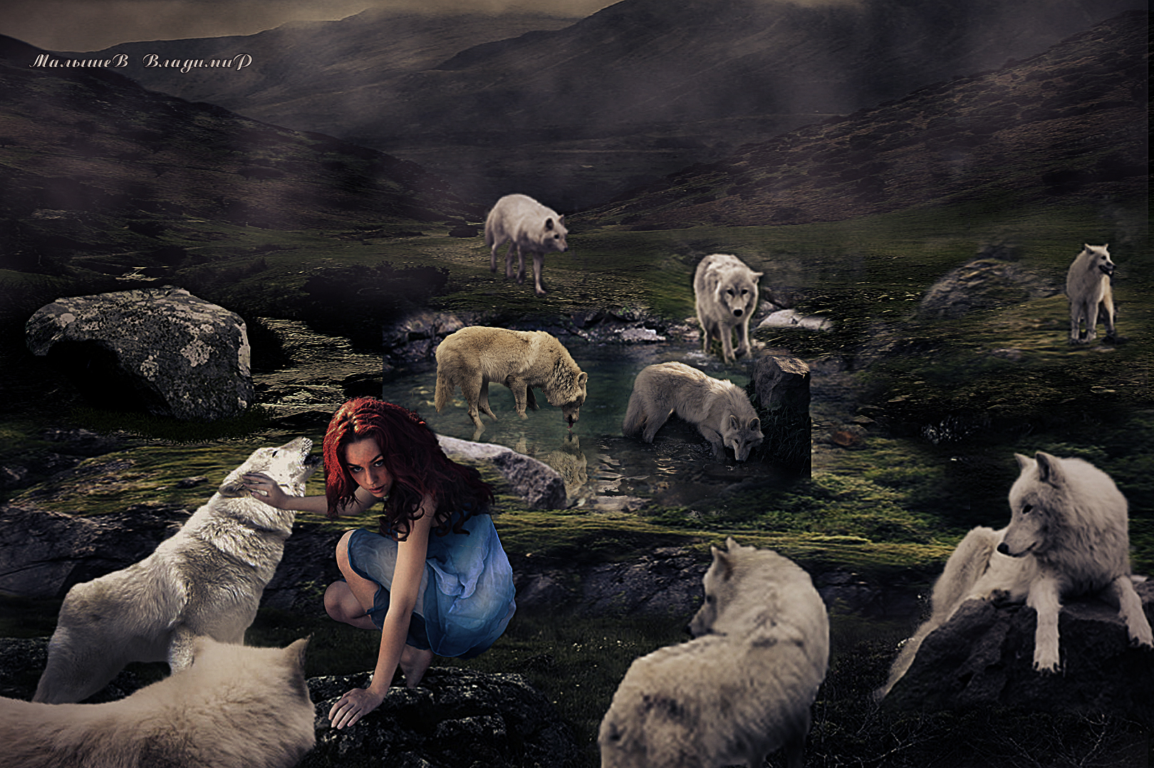 Фото В каменистой местности, девушка присела отдохнуть, после дальнего перехода со стаей волков
