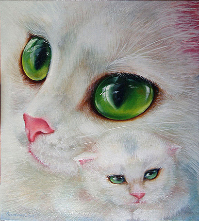 Фото Белая кошка с зелеными глазами и своим белым котенком