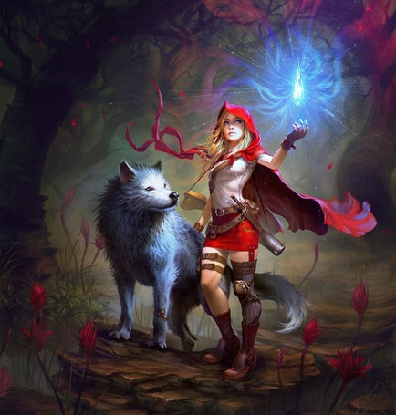 Photo The girl in the red coat standing next to the white wolf on the arm floats blue crystal, art for the game Dragon Fin Soup (© Arinka jini), добавлено: 07.03.2015 03:47