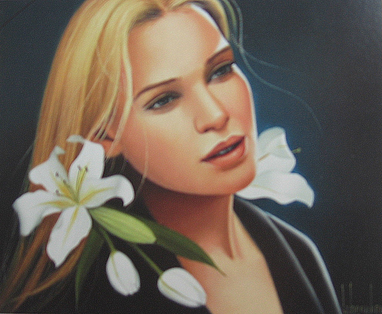 Фото Портрет девушки с лилиями, канадский художник Ginette Beaulieu