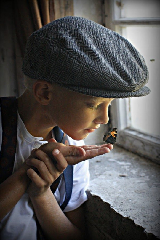 Фото На пальце руки мальчика сидит бабочка