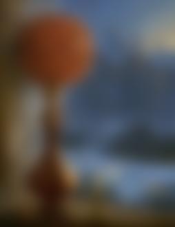 Фото На подоконнике стоит ваза, в которой стоит цветок с роскошной кроной из множества цветов, со стволом в виде обнаженной девушки и смотрит на заснеженные улицы города, рядом стоит подсвечник с зажженной свечой
