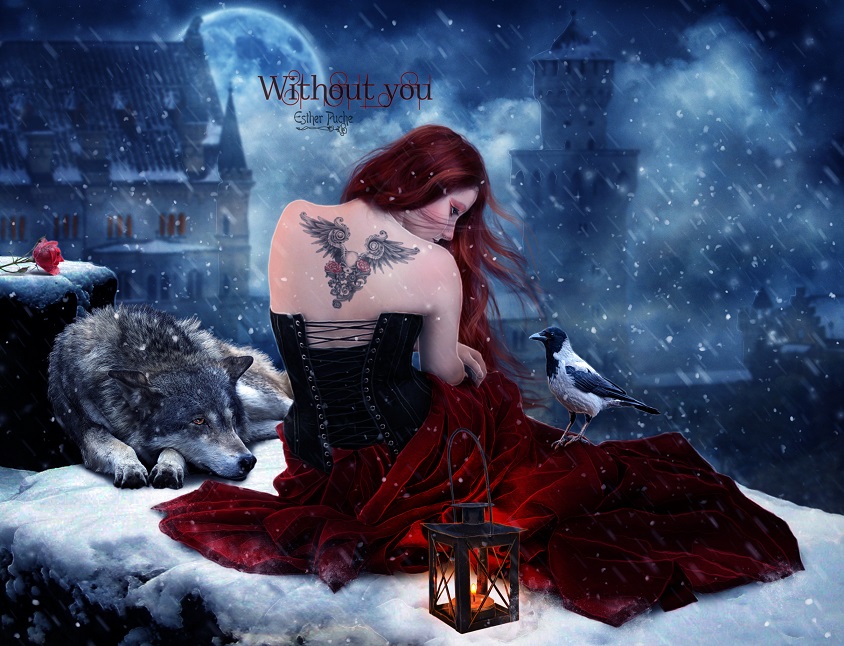 Фото Рыжеволосая девушка с татуировкой на спине, в черном корсете и пышной, бордовой юбке, сидящая на заснеженной, каменной поверхности на крыше дома рядом с лежащим волком, стоящей у нее на ногах вороной, зажженным фонарем и лежащей поодаль красной розой, автор Esther Puche-Art
