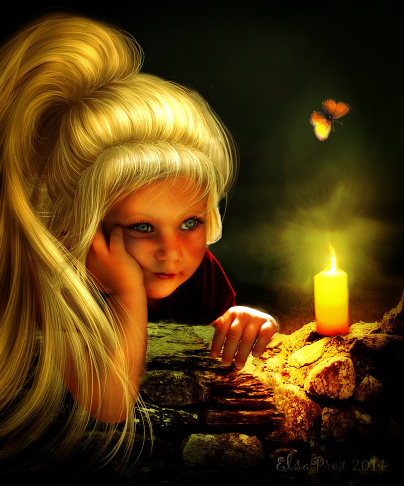 Фото Девочка подперев лицо рукой сморит на горящую свечу, Elsa Pret 2014