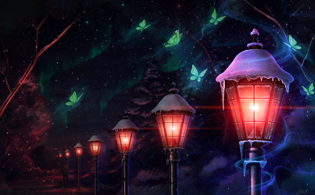 Фото Одинокий мужчина, идущий по аллее парка вдоль горящих ярким, красным светом уличных фонарей, припорошенных снегом, кружащих возле них бабочек на фоне ночного, звездного неба и красивого Северного сияния, автор Yakovlev-vad
