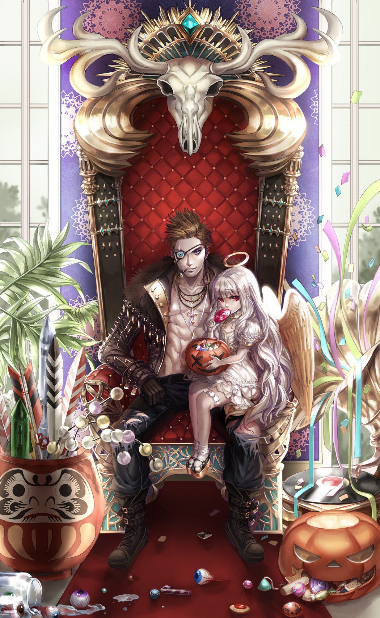 Фото Парень и девочка-ангел на троне