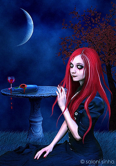 Фото Красноволосая девушка вампир сидит у круглого столика, на котором стоит бокал с кровью, лежит полу-пустая бутылка с которой капают остатки крови, saloni sinha