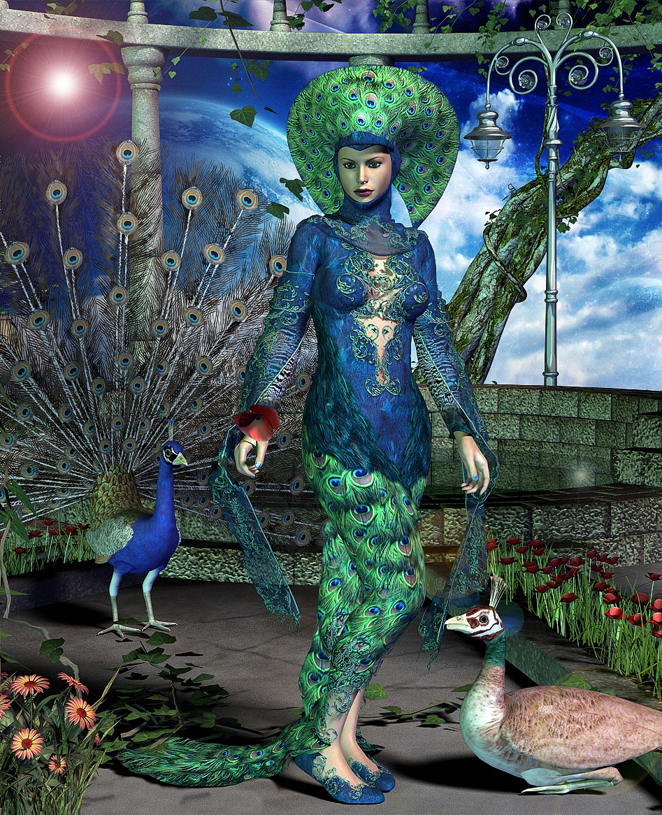 Фото Девушка в одеждах из павлиньих перьев стоит в беседке, в окружении павлинов, растущих цветов, на фоне облачного неба с огромной Луной