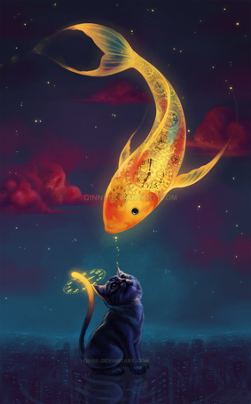 Фото Кошка смотрит на золотую рыбку, внутри которой часы, art by QINNI