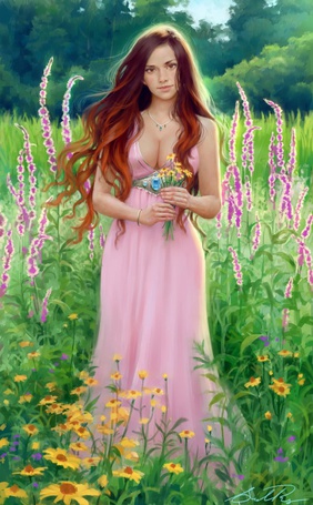 Photo The red-haired girl in a long dress and with a bouquet in hand stands in a field among flowers (© Arinka jini), добавлено: 18.04.2015 00:34