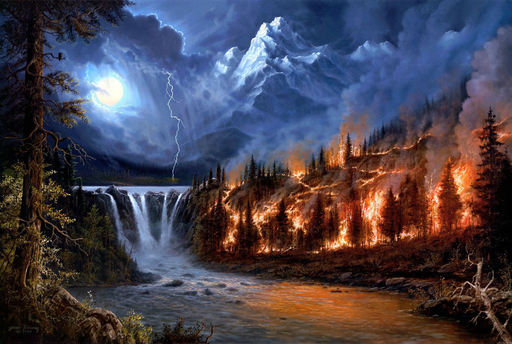 Фото Лесной пожар на склоне горы, у горной реки, художник Jesse Barnes Oil