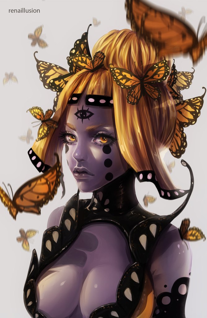 Фото Девушка с третьим глазом на лбу в окружении бабочек