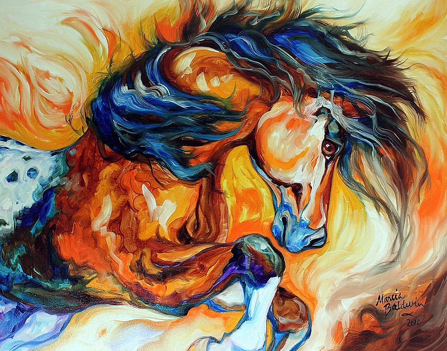 Фото Красивая цветная лошадь с развивающейся гривой, художник Марсия Болдуин / Marcia Baldwin/