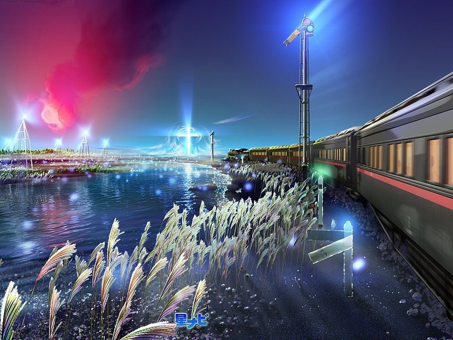 Фото Пассажирский поезд идет вдоль водного залива по направлению к городу, над которым сияет голубое сияние
