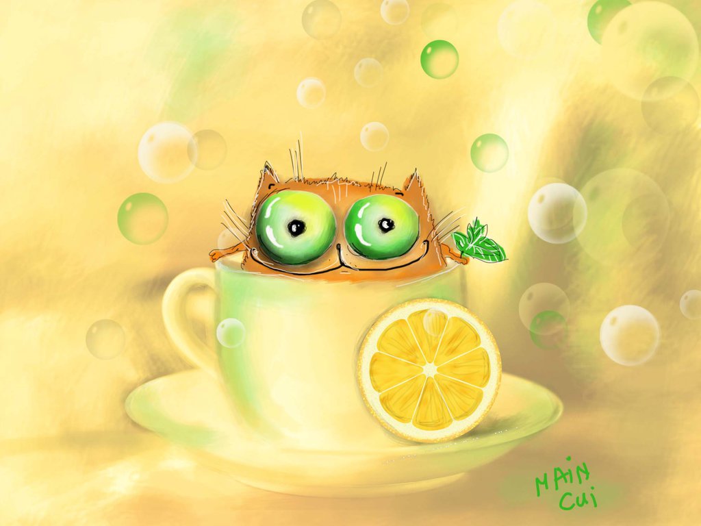 Фото Кот с зелеными глазами сидит в чашке с блюдцем, на котором лежит кружочек лимона, вокруг летают мыльные пузыри, by Main Cui