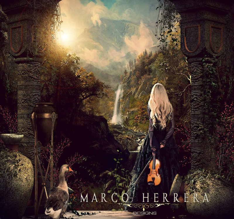 Фото Девушка со скрипкой стоит и смотрит на природу, рядом с ней гусь, bу marcoherrera