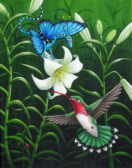 Фото Дракон с крыльями как у бабочки и колибри порхают над белой лилией