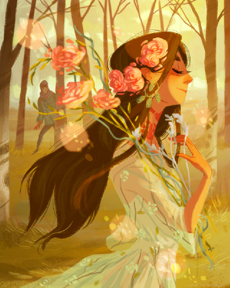 Фото Девушка с цветами идет по лесу, за ней кто-то наблюдает