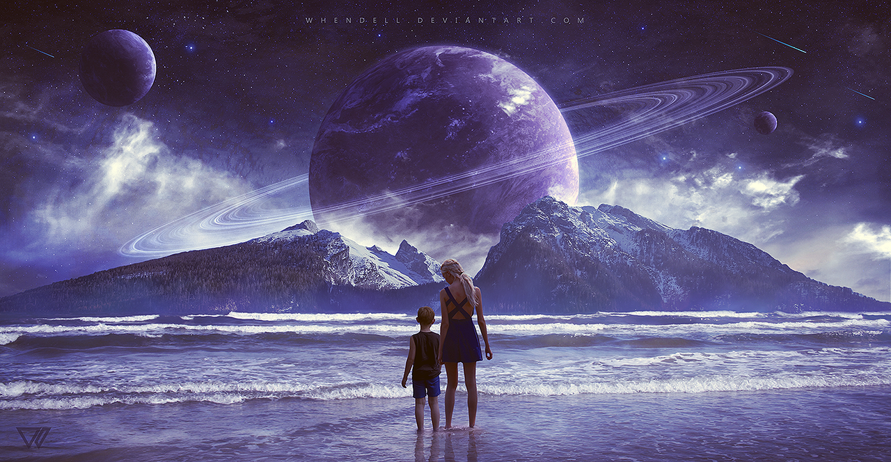 Фото Девушка с мальчиом стоят в воде на фоне планет by Whendell on DeviantArt