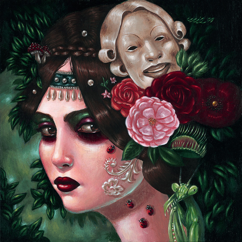 Фото Грустная девушка с маской и цветами в волосах