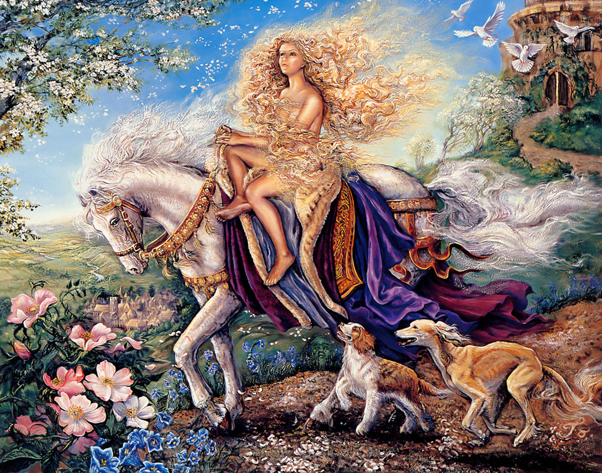 Фото Девушка с длинными развивающимися волосами скачет на лошаде на фоне цветов и собачек