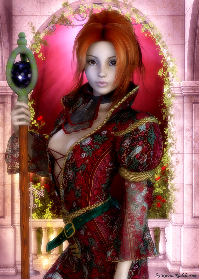 Фото Рыжая фантастическая девушка с красивыми глазами на фоне старинного замка с магическим шаром / by Kevin Radthorne/