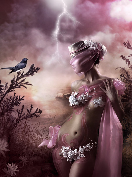 Фото Девушка в розовом с закрытым лицом на фоне розового неба, птицы, деревьев и цветов