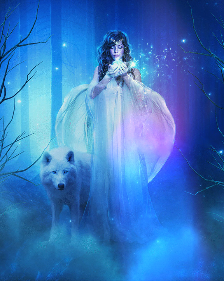 Фото Девушка с магией в руках стоит рядом с волком, by EnchantedWhispersArt