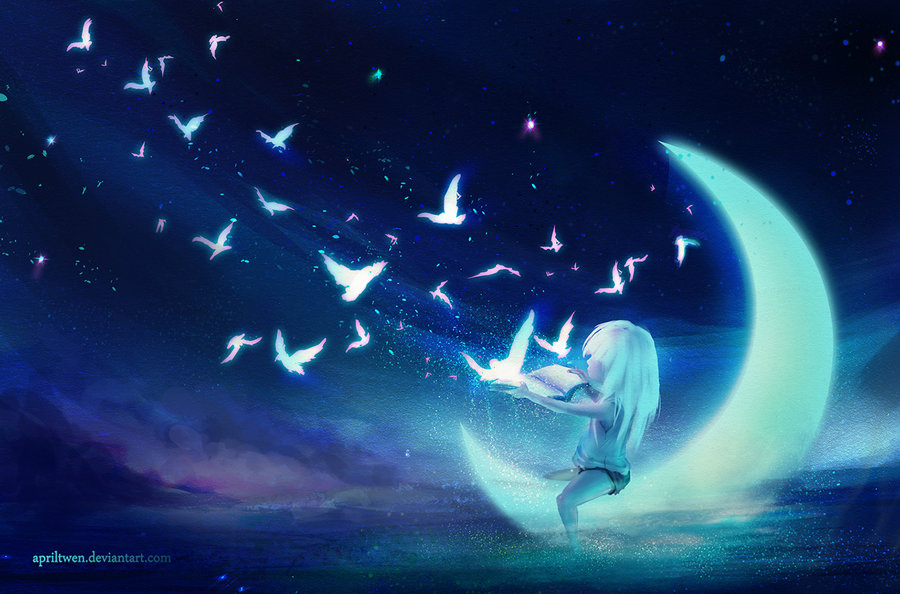 Фото Девочка сидит на луне с книгой и из нее вылетают голуби, by AprilTwen