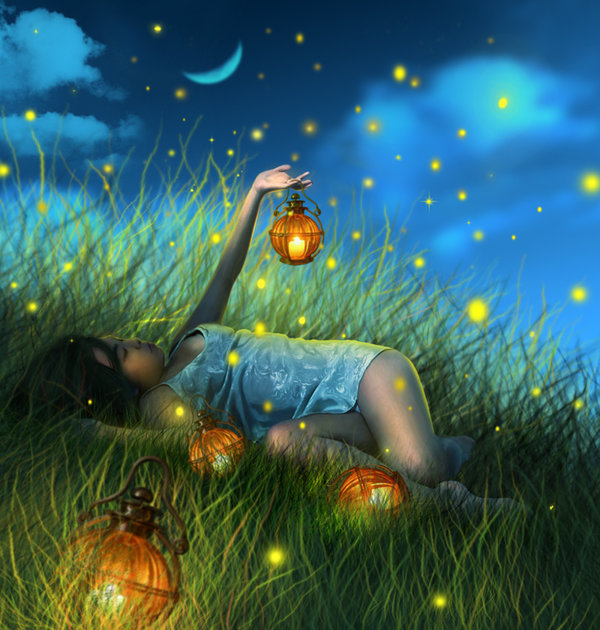 Фото Девочка с фонариками лежит в траве среди огоньков светлячков на фоне ночного неба и месяца, by little-spacey