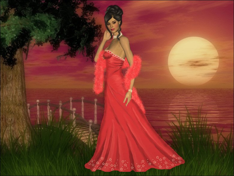Фото Красивая девушка стоит на берегу моря под деревом на фоне ночного неба и луны
