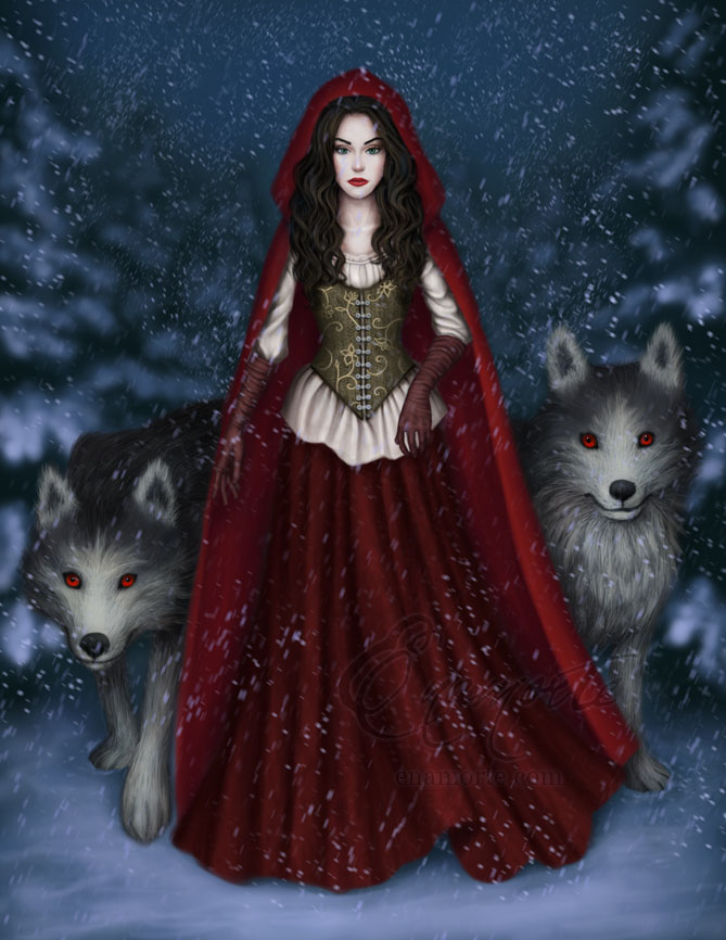 Фото Два серых волка стоят рядом с девушкой в красном плаще, by Enamorte