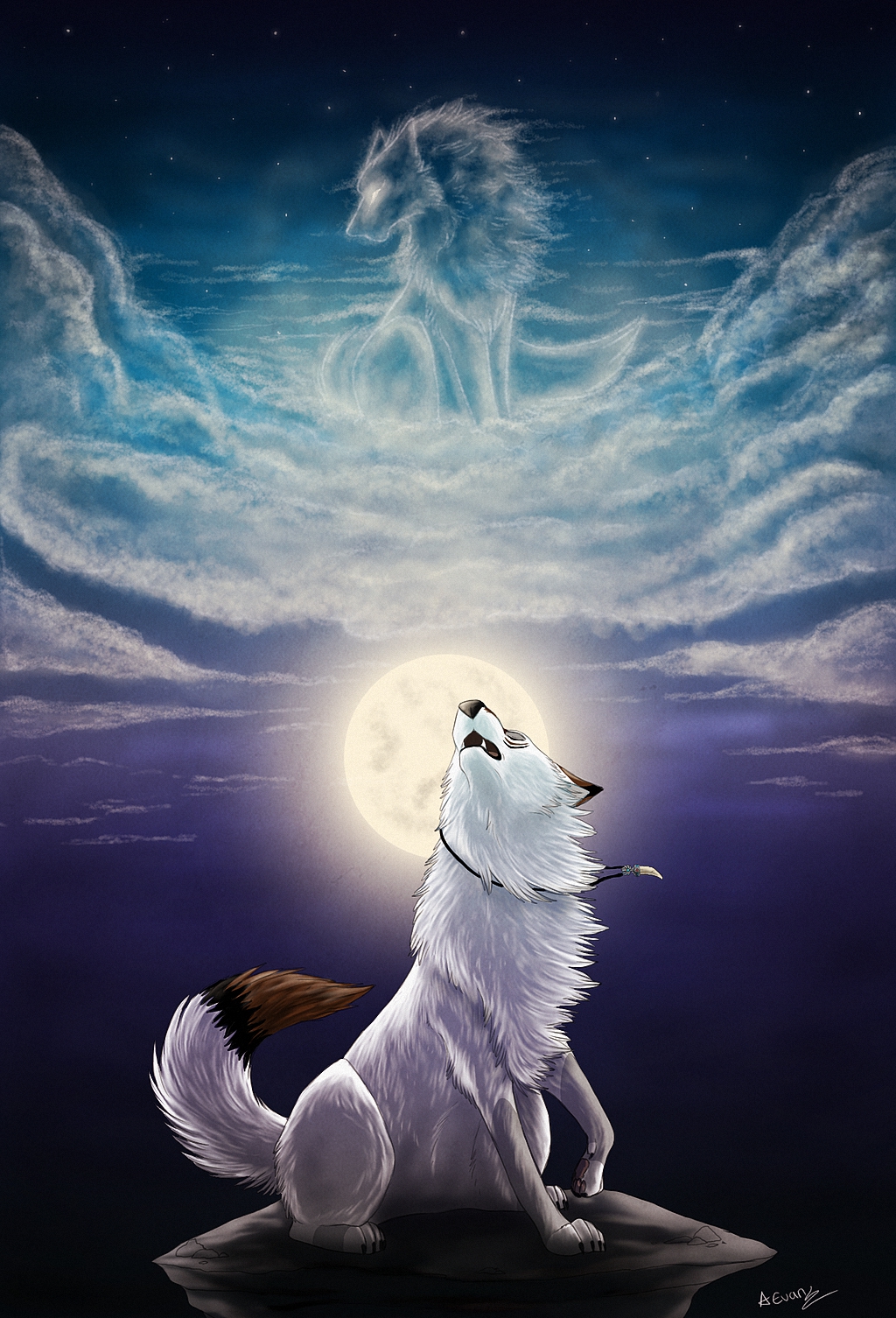 Фото Белый волк поднял голову к небу, на котором висит полная Луна и на облаках сидит волчица в виде облака
