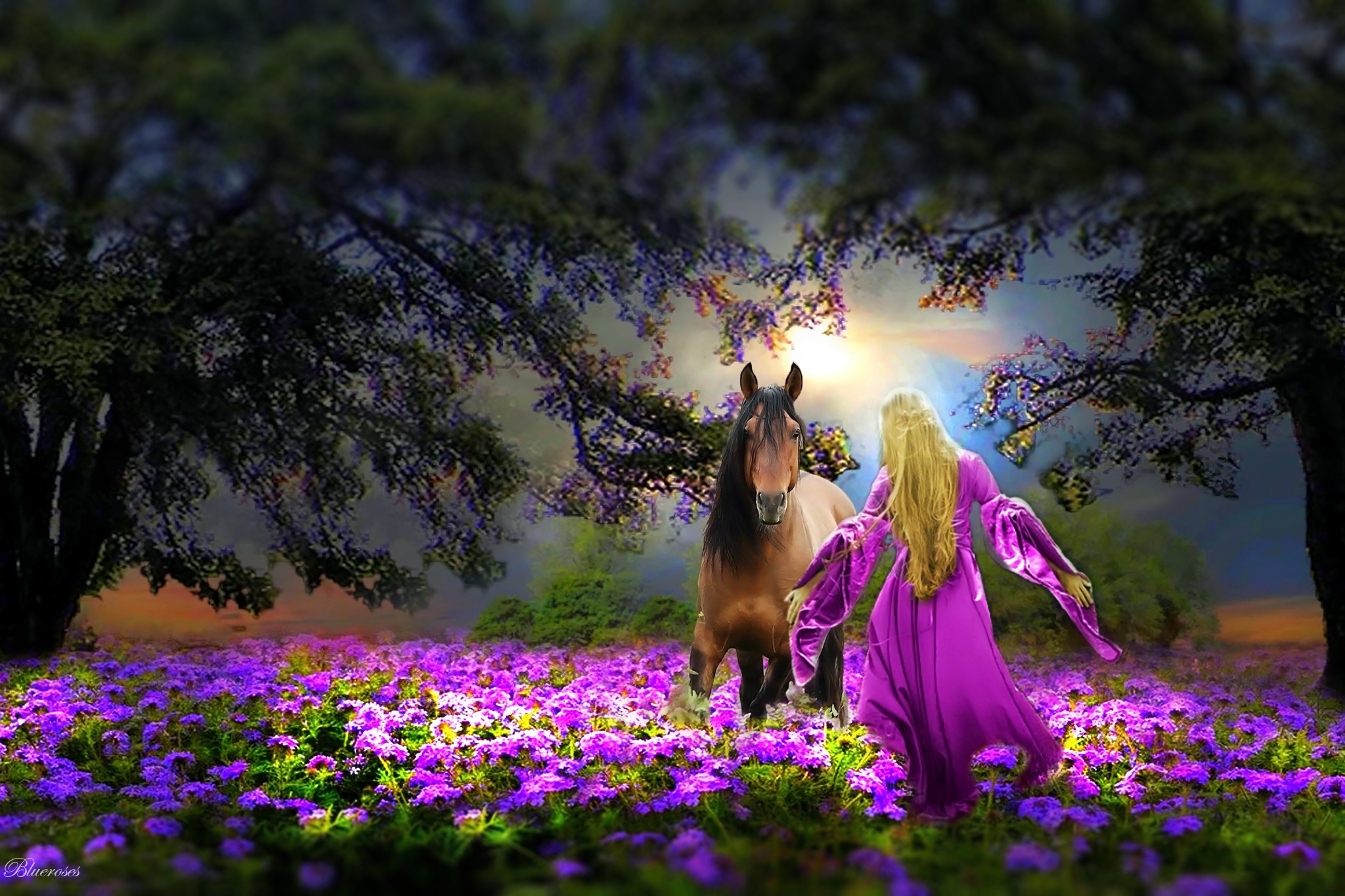 Фото Девушка с лошадью на фоне цветов