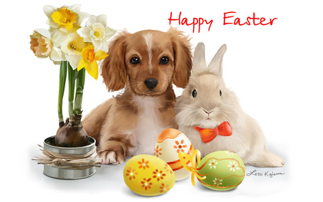 Фото Щенок и кролик лежат рядом с цветами и пасхальными яйцами (Happy Easter), by Kajenna
