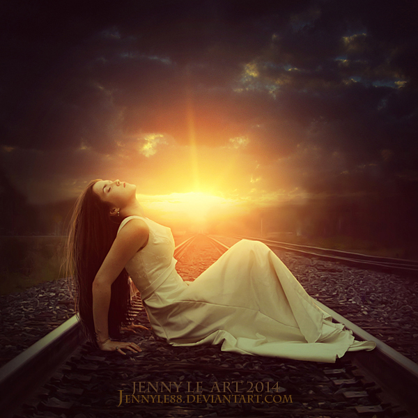 Фото Девушка сидит на железной дорогое перед идущим поездом, by JennyLe88