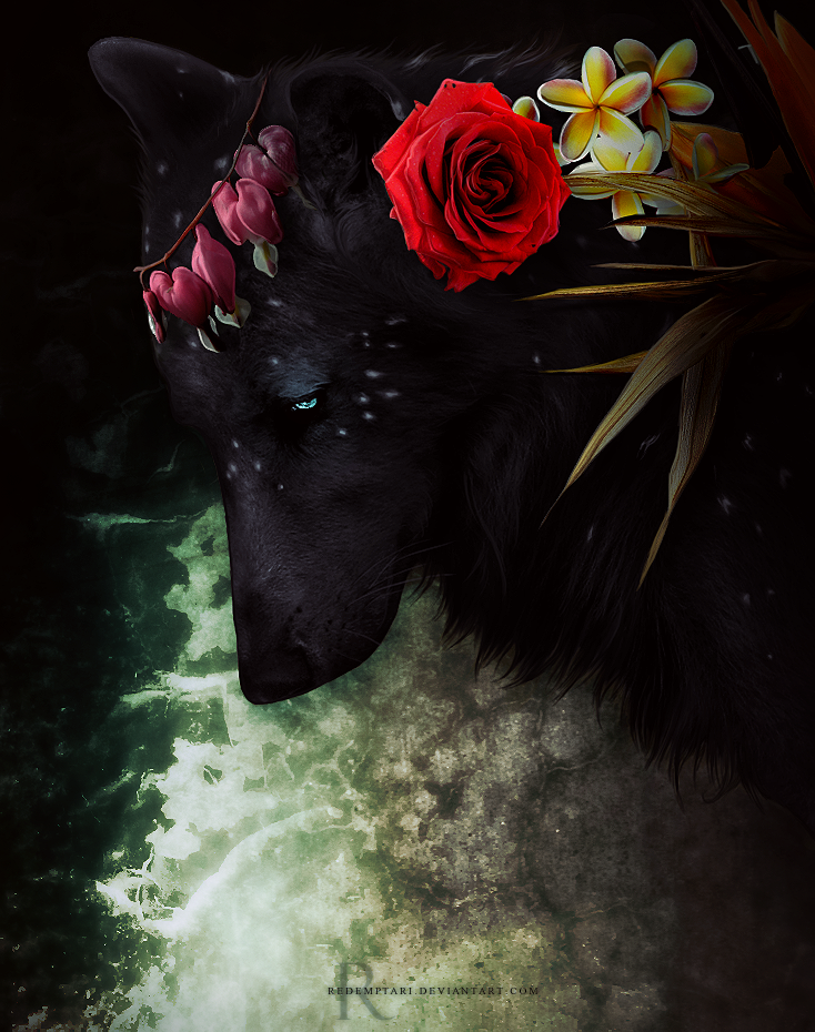 Фото Волк с цветами а голове, by redemptari